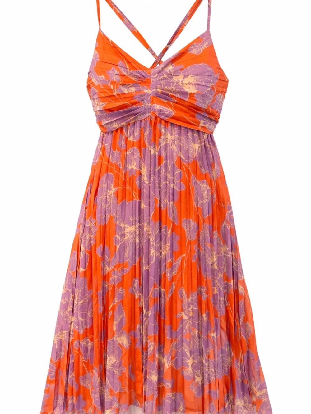Pleated Floral Dress Orange Purple Sleeveless Strappy Midi Dress Boho Vacation